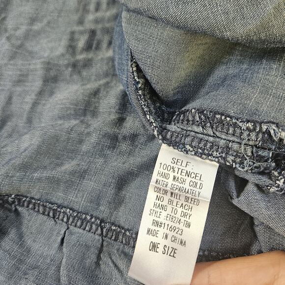 Three Bird Nest Robbie Chambray Ruffle Boho Cottage Prairie Denim Jacket Poncho - Picture 6 of 7